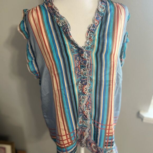 Johnny Was Ophelia Silk Striped Printed Flowy Oversized Blue Blouse Size S - Picture 6 of 14